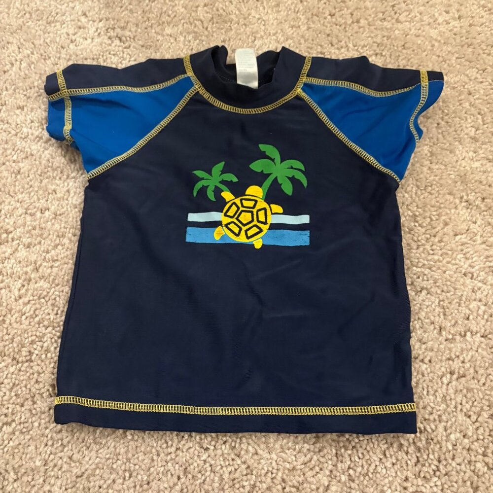 OshKosh BGosh 18MO Boys Swim Shirt Turtle Palm Tree Graphic Navy‎ Rash Guard Top